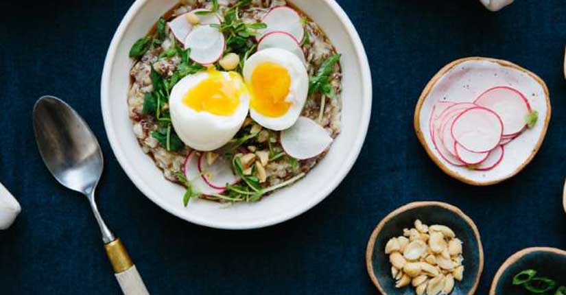 breakfast porridge soft with egg pea shoots